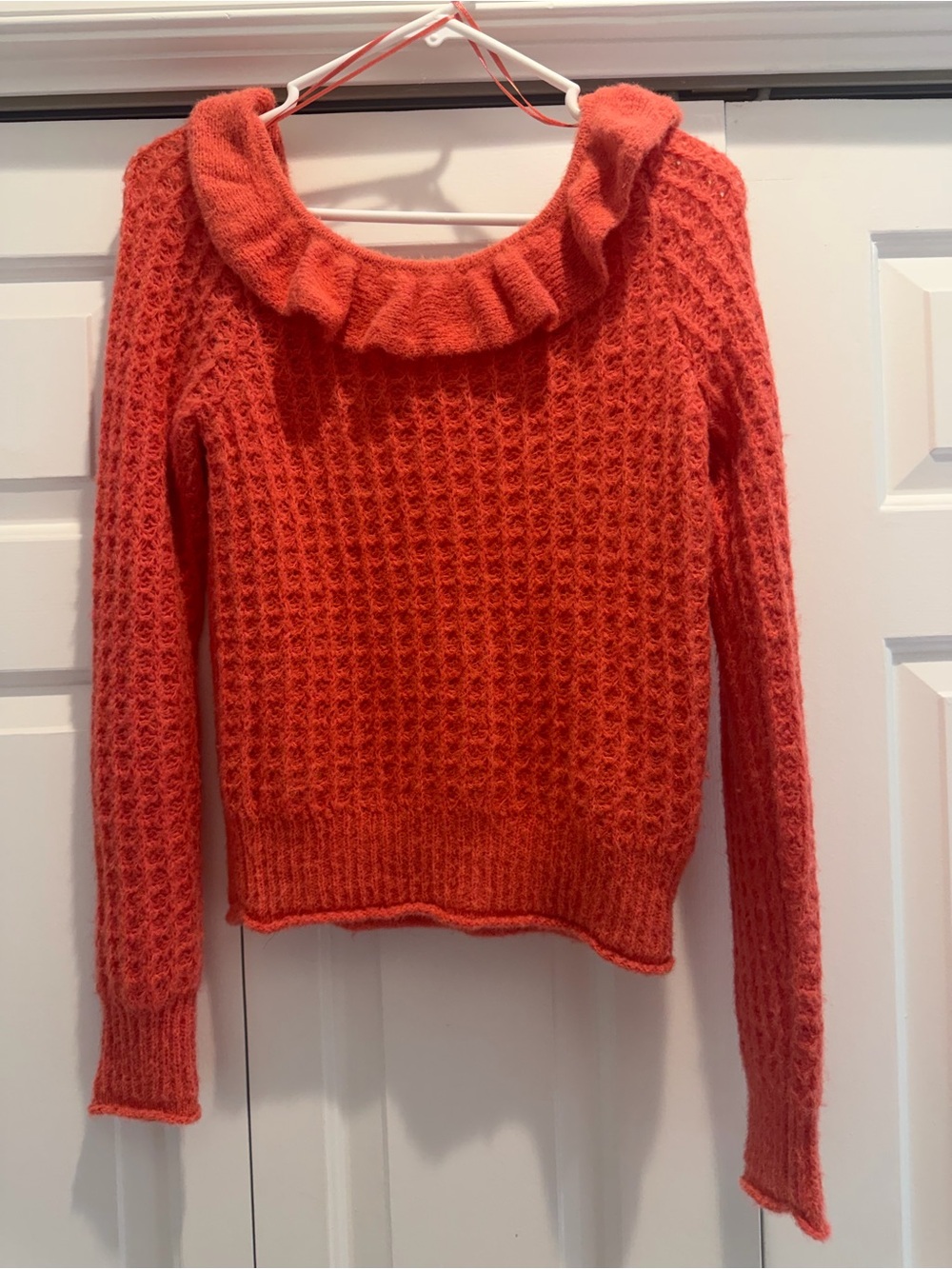 Anthropologie Women's SOFT Ruffle Neck Knit Sweater orange coral color